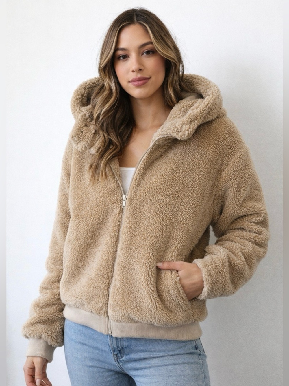 Sincerely Jules Teddy Sherpa Hoodie Jacket - Camel Brown Large